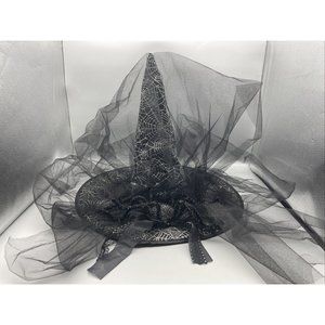 Halloween Black Witch Hat With Cobwebs Spiders Black Lace